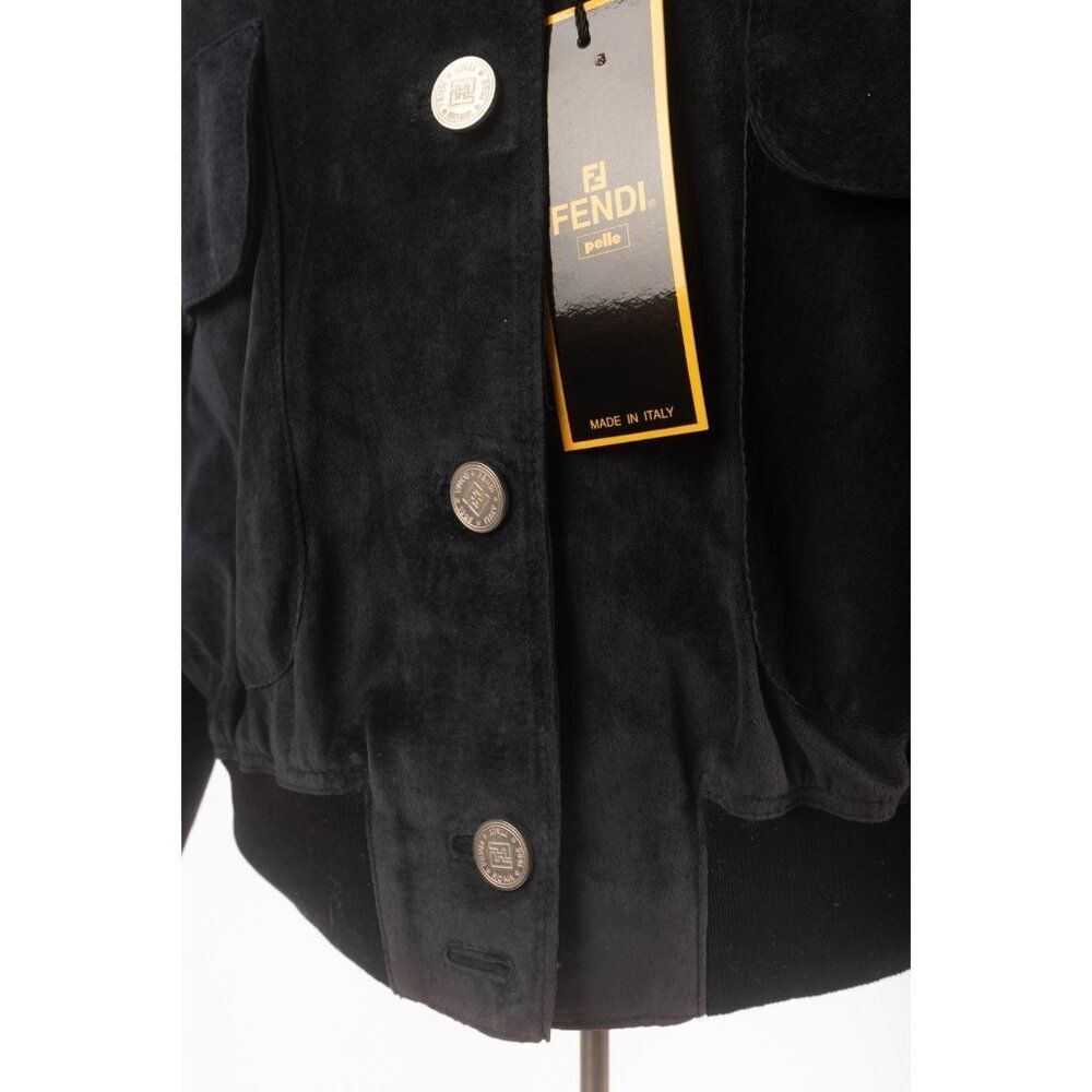 Vintage Fendi Suede Bomber Jacket Moto Leather SZ 42 Medium Navy Blue Logo NWT - Picture 4 of 11